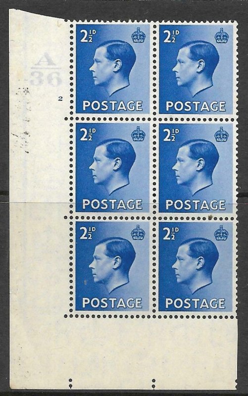 2½d Edward VIII Definitive Control A36 Cylinder 2 No Dot UNMOUNTED MINT