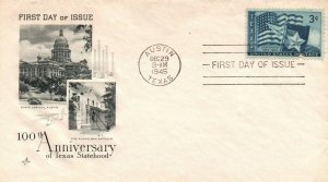 1945 - 100th Statehood Anniv Texas FDC - UA - Single - Cachet - F408