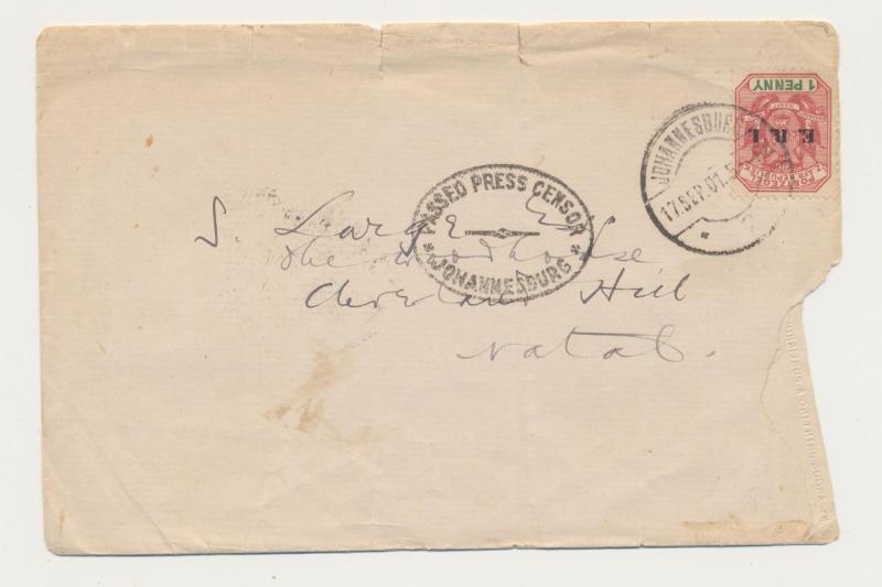 ORANGE RIVER COLONY 1901 CENSOR COVER JO'BURG TO NATAL, EVELAND HILL+2 OTHER B/S