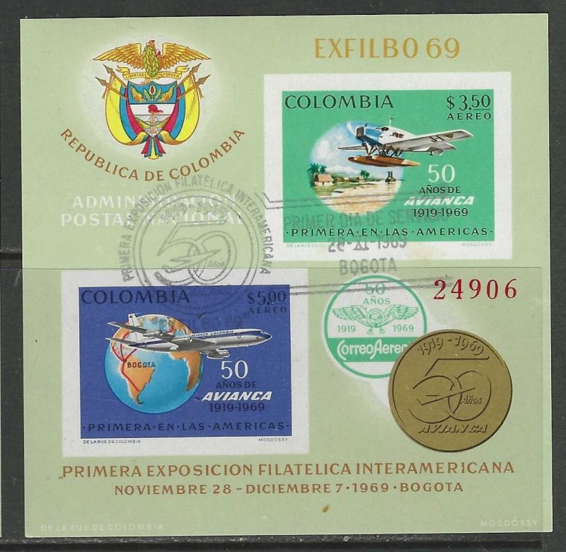 COLOMBIA 1969 AVIANCA Anniversary Airmail Souvenir Sheet Sc C522 FDOI Used