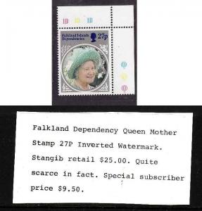 Falkland Islands Dependencies-Sc#1L94-unused NH 27p Queen Mother birthday-Invert