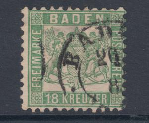 Baden Sc 24, Mi 21a used 1862 18kr green Coat of Arms, perf 10. Scarce