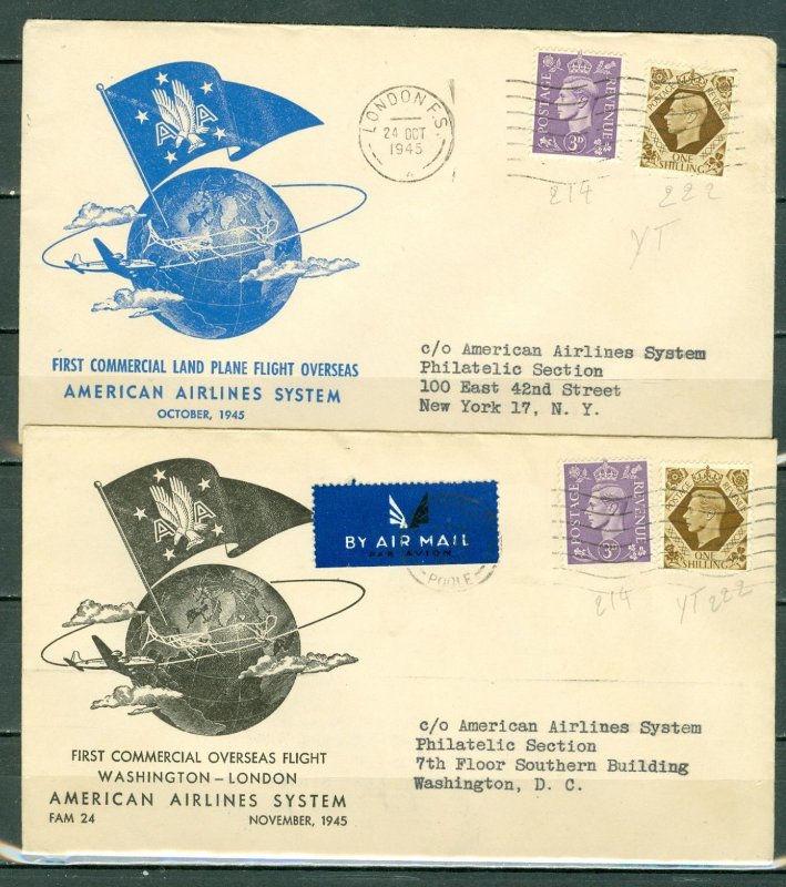 GREAT BRITAIN 1945 LOT of (2) HISTORIC FIRST LIGHT C0VERS TO US