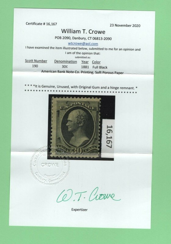 $US Sc#190 M/HH/F, Crowe Cert., no faults, Cv. $850