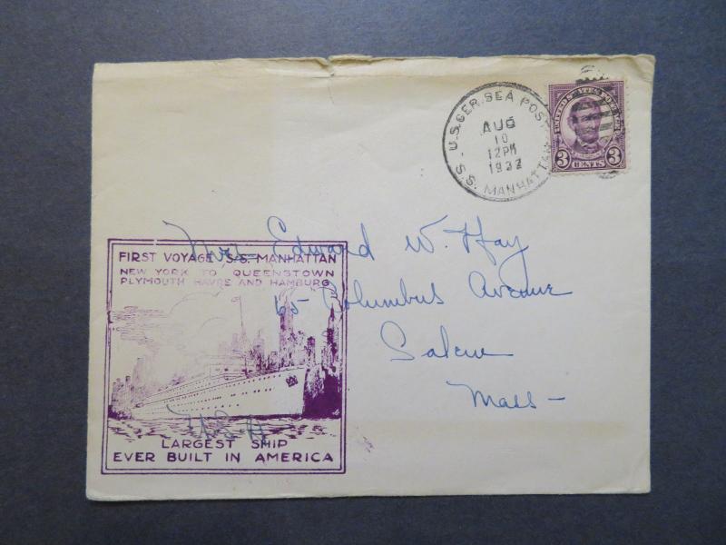 US 1932 SS Manhattan Maiden Voyage Cover Cacheted / Sm Top Tear - Z7958