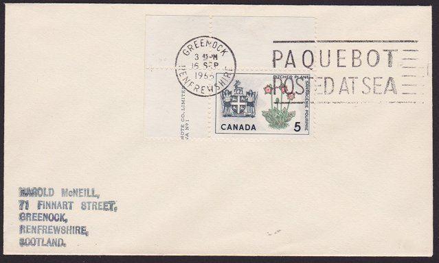 CANADA USED IN SCOTLAND 1966 cover Greenock Paquebot machine...............7328