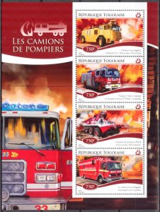 Togo 2014 Special Transport Fire Trucks Sheet MNH