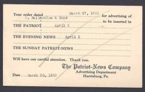 1953 POSTAL CARD HARRISBURG PA, THE PATRIOT  ADV. ORDER
