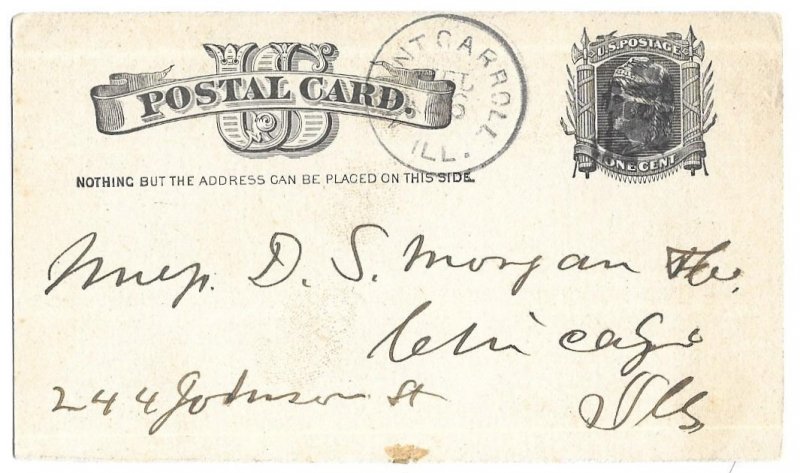 Mount Carrol to Chicago, Illinois 1883 Scott UX7, Fancy Cancel