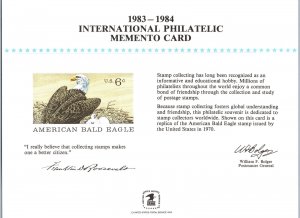 1983-1984 INTERNATIONAL PHILATELIC MOMENTO CARD DEPICTING THE 6c BALD EAGLE