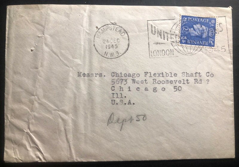 1945 Hampstead England Cover To Chicago USA United Nation Slogan Cancel