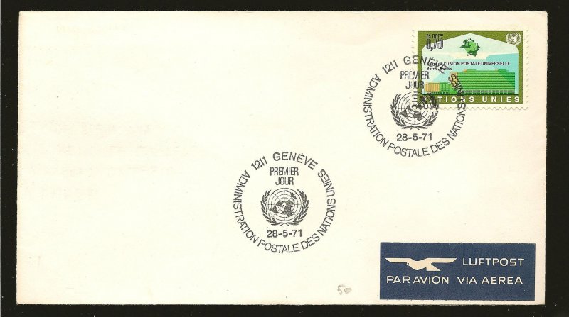 United Nations Geneva 18 UPU 1971 First Day Cover Used