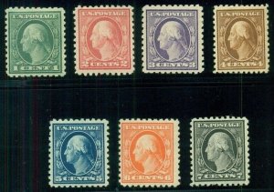 US #424-30, 1¢-7¢, p. 10, Complete low vals in set, og, hinged, VF, Scott $214.