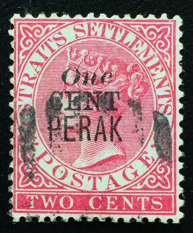 Malaya 1887-89 Perak opt Straits Settlements QV 1c on 2c Used SG#35b M2309