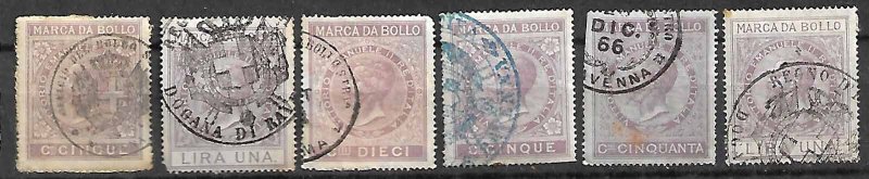 KINGDOM ITALY FISCAL REVENUE TAX 6 STAMPS c;1860s, KING VEII