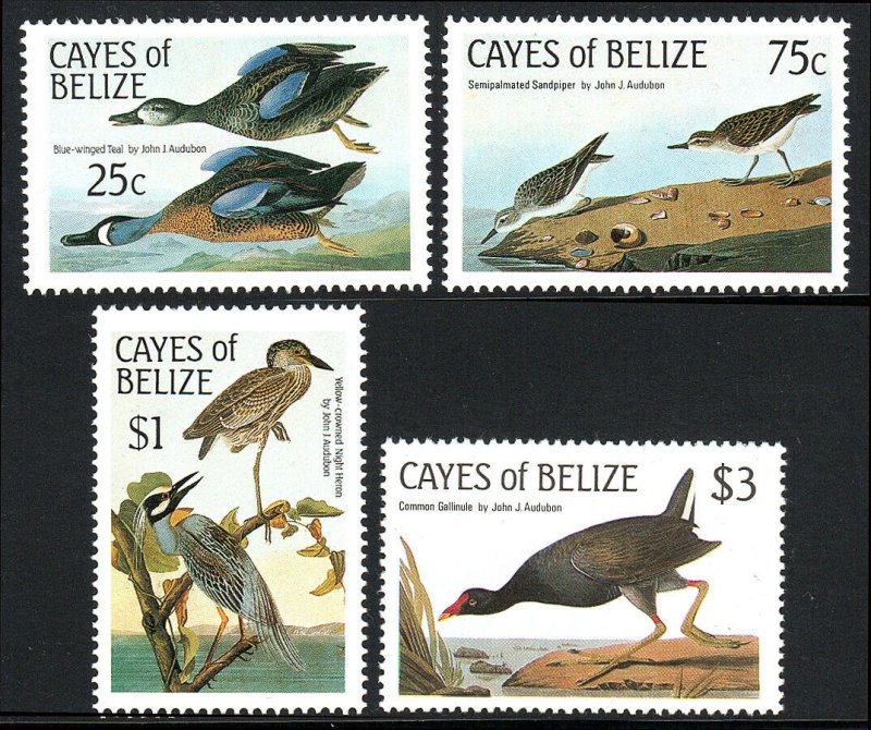 Cayes of Belize 22-25,MNH.Audubon's birds.Blue-winged teal,Sandpiper,Heron,1985