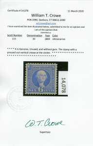 US SCOTT #115, Mint-VF-XF-No Gum Light Crease Crowe Cert SCV $1000 (DFP 3/17/20)