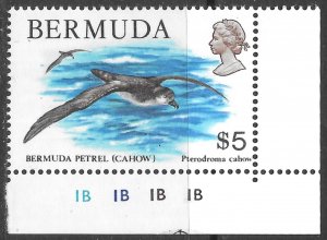 Bermuda Scott 379 MNH $5 Petrel Bird (Cahow) Issue of 1978, Plate Number Single