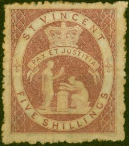 St Vincent 1880 5s Rose-Red SG32 Good Mtd Mint Royal Certificate