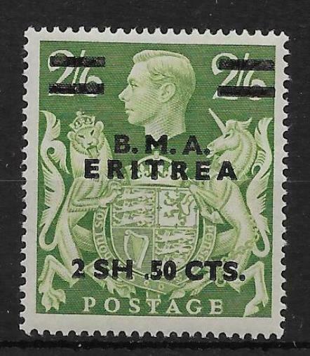 B.O.I.C.-ERITREA SGE10a 1948 2s50 ON 2/6 YELLOW-GREEN MISPLACED STOP MTD MINT