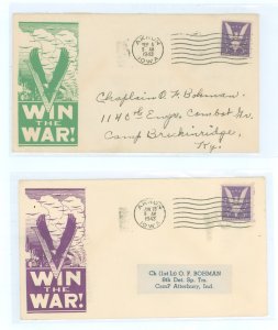 US 905 1943 two patriotic covers Win the War in two different color cachets, both franked with the 3c Win the War stamp.