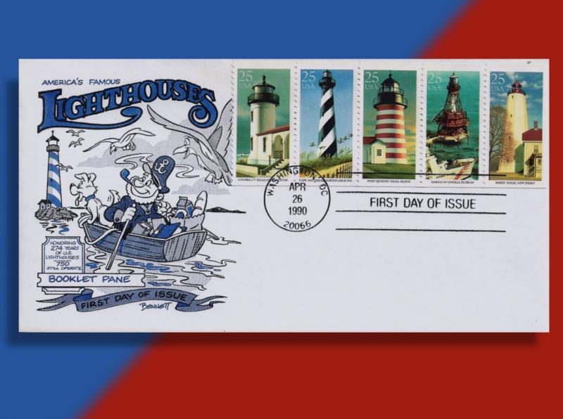 Lighthouse Booklet Pane of Five on Cachetoons 1990 FDC