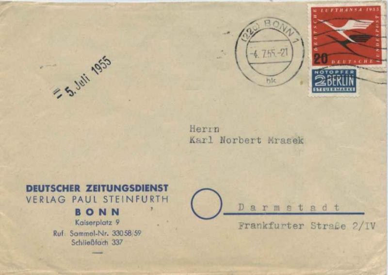 Germany 20pf Re-opening of German Air Service with 2pf Berlin Postal Tax 1955...