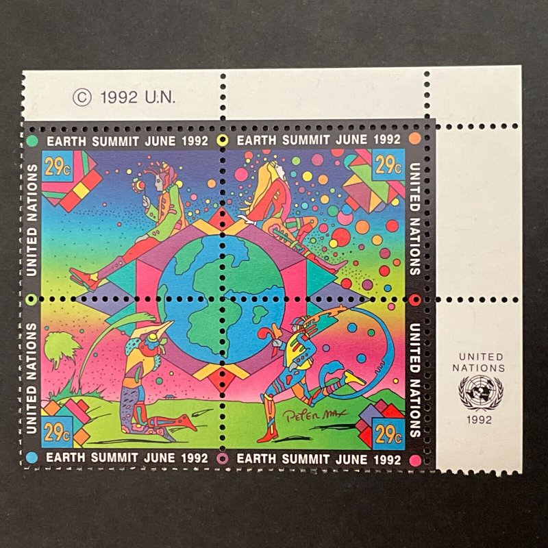 United Nations 1992 Earth Summit Blocks of 4 MNH, NY, Geneva, Vienna Peter Max 