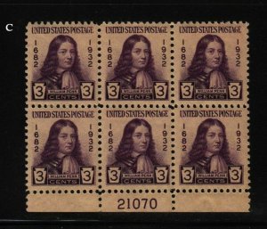 1932 William Penn Sc 724 3c purple MNH flat plate block of 6, full OG  (C