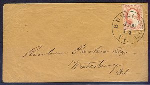 1854, 3¢ orange brown (#10) on Burlington VT cover, VF