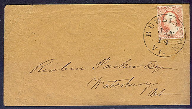 1854, 3¢ orange brown (#10) on Burlington VT cover, VF