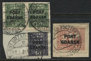 Poland overprinted Port Gdansk on 1926 15g rose red & 1929 5 g & 10 g used (JD)