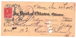 CANADA CHEQUE Bank of Ottawa 1917 KGV Stamp 2c {samwells-covers} KA112