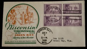 739 Green Bay Philatelic Society/McDonald cachet Wisconsin Tercentenary FDC 1934
