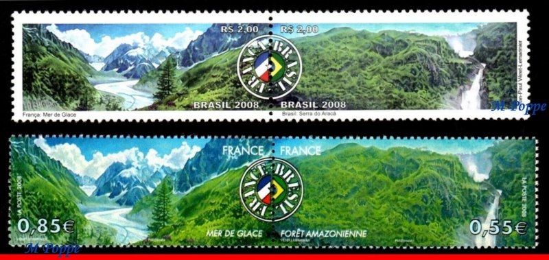 3052 BRAZIL 2008 + FRANCE, WATERFALLS, LANDSCAPES, JOINT ISSUE , 2 SET MNH
