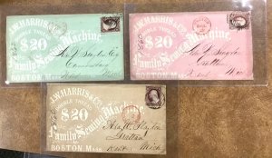 3 Boston covers 1860 Family Sewing Machine JW HARRIS Advertising  w/ #26 stamps