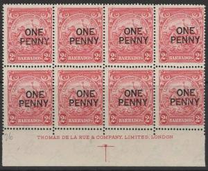 BARBADOS SG264/d 1947 1d on 2d CARMINE BROKEN E R11/4 IN MNH BLOCK OF 8