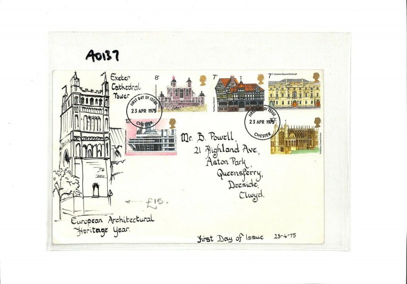 GB HAND-ILLUSTRATED FDC 1975 *Exeter Cathedral* TOWER Devon ARCHITECTURE AO137