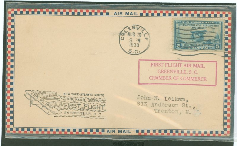 US 650 1st Flight Greenville S.C. to Trenton N.J. Aug. 20 1930 Roessler cachet addressed.