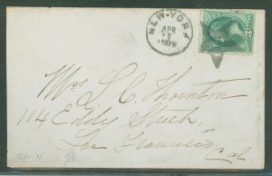 US  3c green M cover postmarked New York, April 1:30 pm.