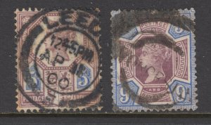 Great Britain Sc 118,120 used 1887 5p & 9p QV definitives, sound, fresh, F-VF.