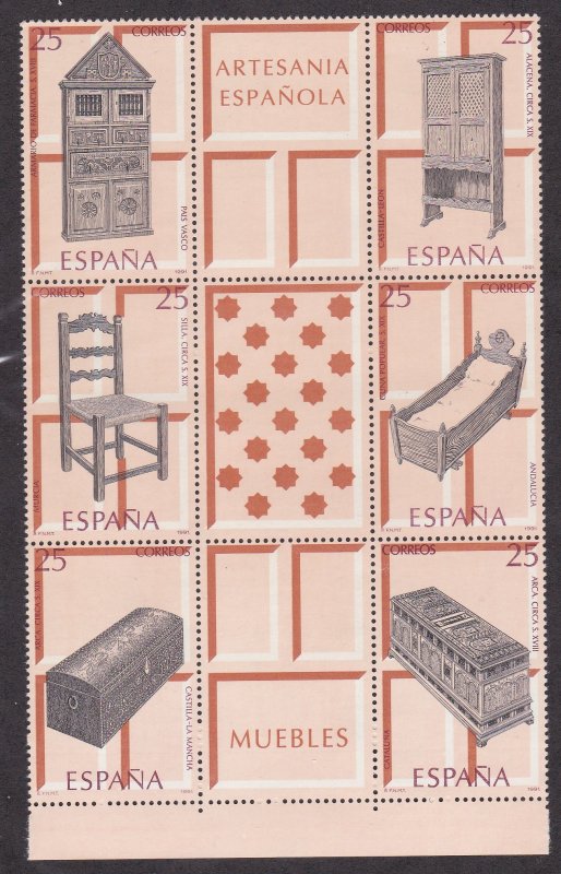 Spain # 2654, Antique Furniture, Block of Six + Labels, NH, 1/2 Cat.