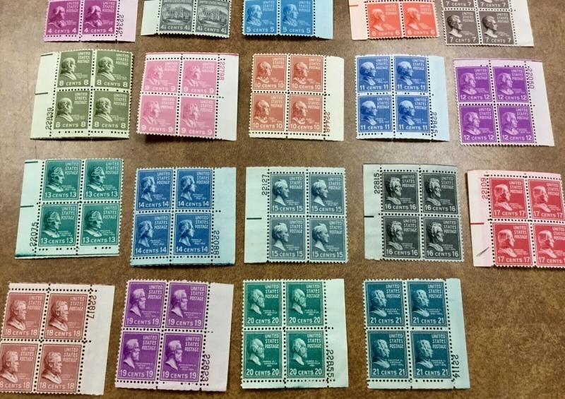 US #803- 826  1938 Prexie Short set to 21c  24 Plate Blocks of 4, NH F/ VF 