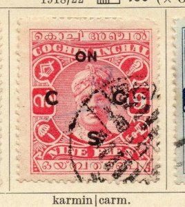 Cochin 1918-22 Early Issue Fine Used 9p. Optd 322450