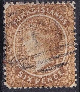 Turks Islands 46 (used) 6p Victoria, yel brn (1889)