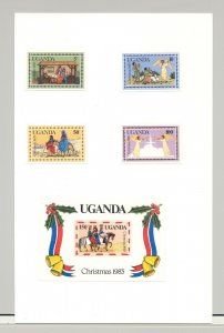 Uganda #395-399 Christmas, Angels, Bells 4v & 1v S/S Imperf Proofs on Card