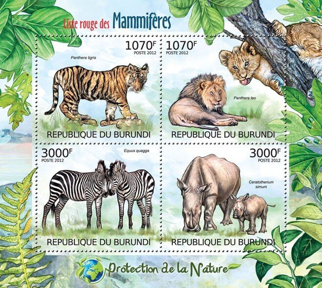 BURUNDI - 2012 - Mammals on the Red List - Perf 4v Sheet - Mint Never Hinged
