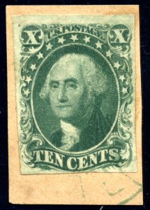 US 14 10c 1851 George Washington type II imperf PSAG cert green cancel on piece