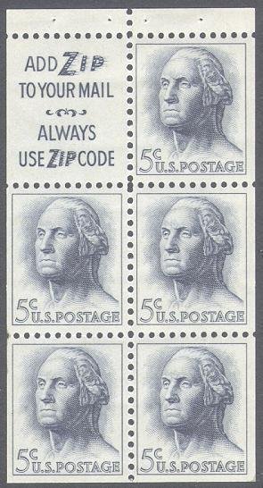 1213a 5c Washington Booklet Pane with Tab, Mint Never Hinged VF