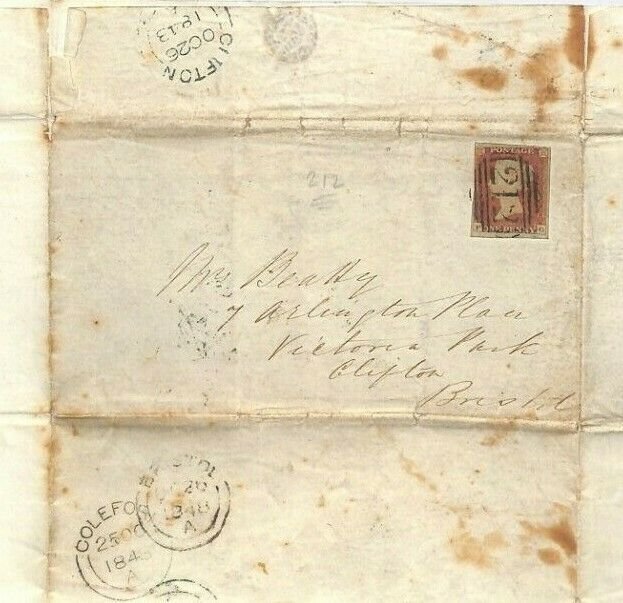 GB LETTER Penny Red Numeral *212* Coleford 1848 Glos {samwells-covers}MS3024